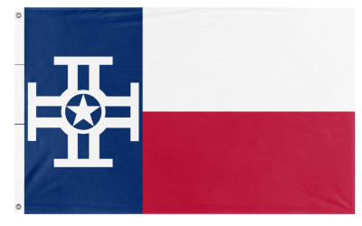 Republic of Texas flag with lone star flying in front of historic building