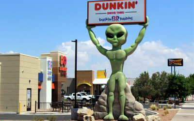 UFO-themed street decorations and alien statues in downtown Roswell, New Mexico