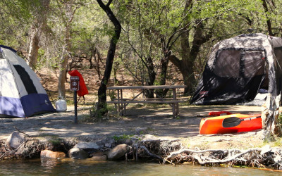 Peaceful tent campsite in a secluded forest clearing at sunrise