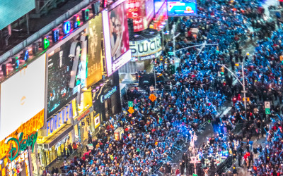 Crowd gathered in Times Square watching the iconic ball drop on New Year's Eve