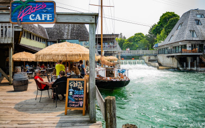 Outdoor dining scene in Traverse City with local cuisine and cherry-based dishes