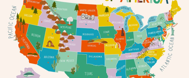Colorful map of United States showing all 50 states with their names