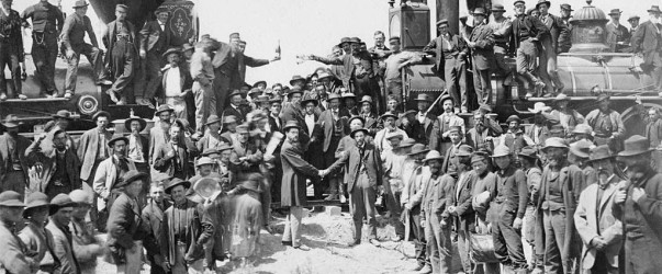 Historic photograph of the Golden Spike ceremony at Promontory Summit, Utah, 1869