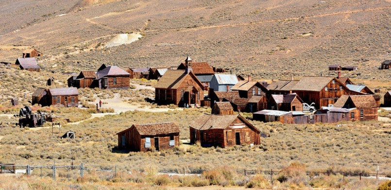 Bodie ghost town California preserved buildings Abandoned buildings in Bodie State Historic Park, California with mountains in background