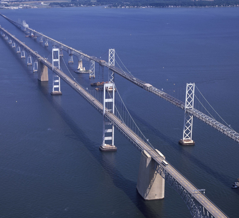 Aerial view of Chesapeake Bay Bridge spanning across the bay waters