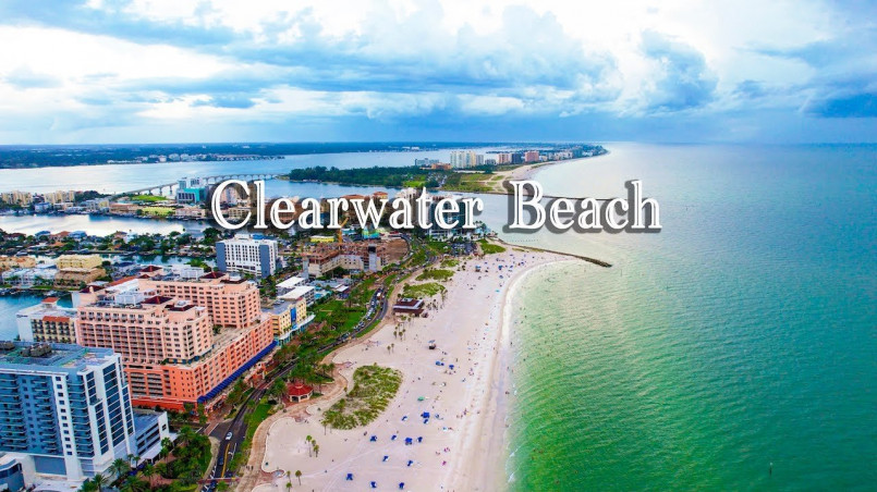 Clearwater beach florida aerial view Aerial view of Clearwater Beach showing white sand and turquoise waters