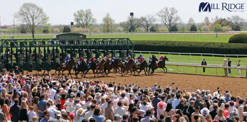 Aerial view of Keeneland race track in Lexington with its distinctive architecture and manicured grounds