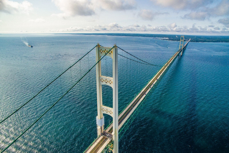 Aerial view of Mackinac Bridge connecting Michigan's Upper and Lower Peninsulas