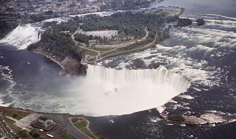 Aerial view of Niagara Falls showing the massive horseshoe shape and powerful water flow