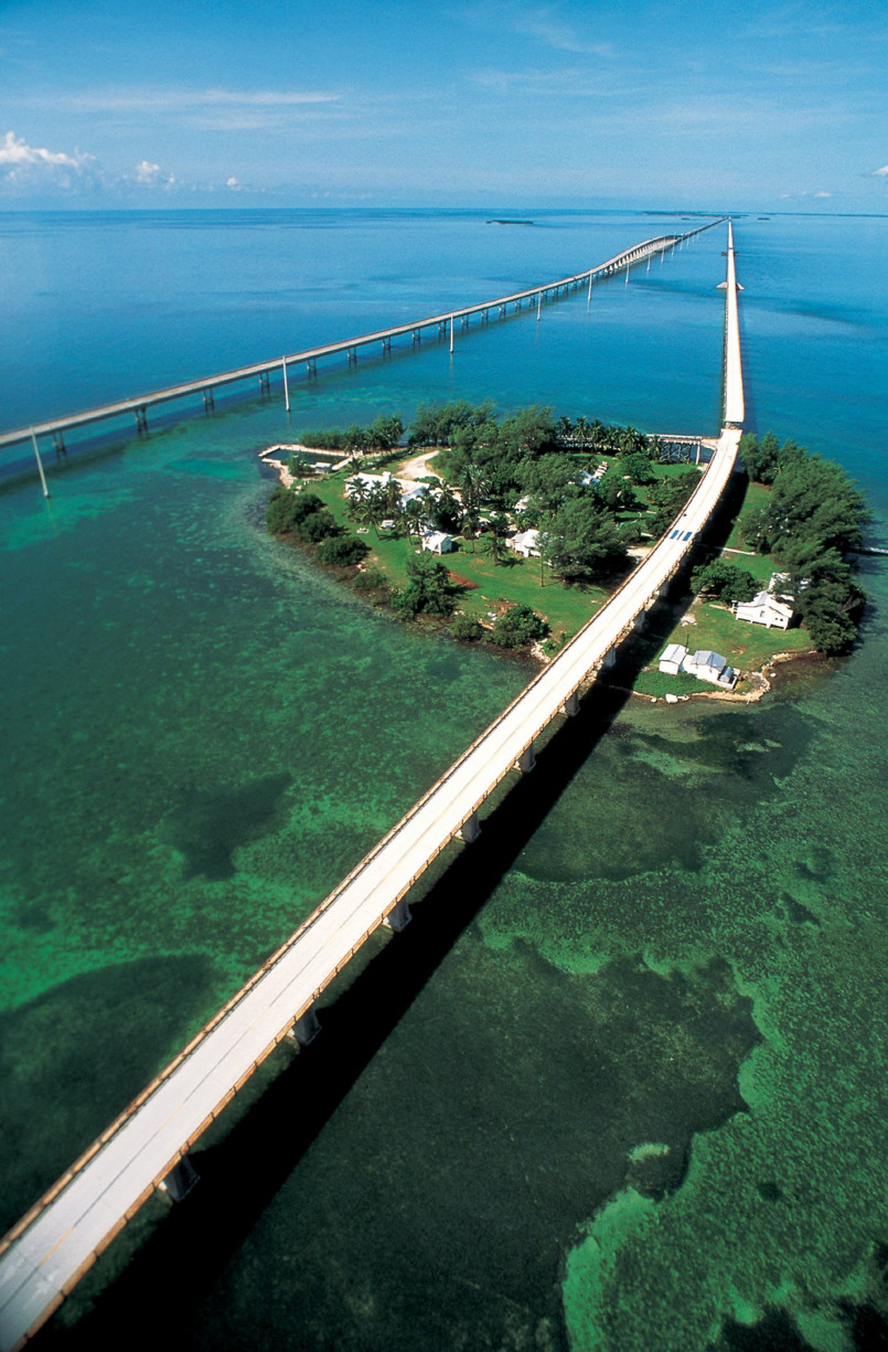 Aerial view of Seven Mile Bridge crossing turquoise waters in Florida Keys