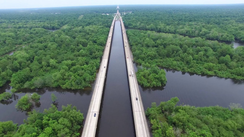 Atchafalaya Basin Bridge Louisiana swamp aerial Aerial view of the Atchafalaya Basin Bridge crossing over swampland in Louisiana