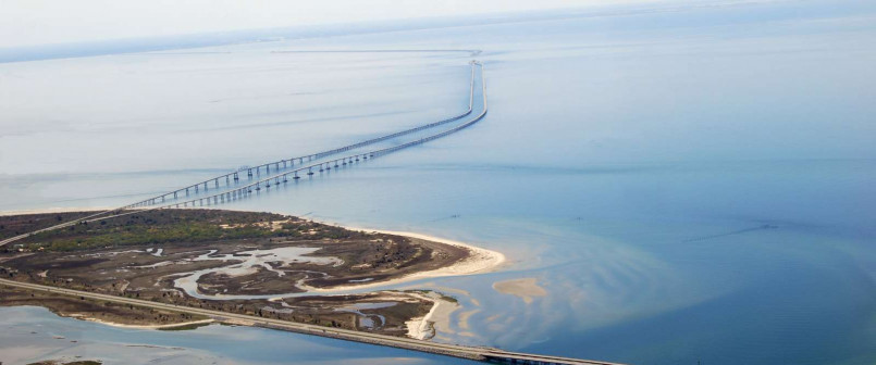 Chesapeake Bay Bridge-Tunnel aerial view with islands Aerial view of the Chesapeake Bay Bridge-Tunnel showing bridges, tunnels and artificial islands