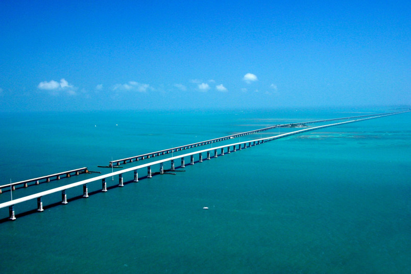 Seven Mile Bridge Florida Keys aerial view Aerial view of the Seven Mile Bridge stretching across the turquoise waters of the Florida Keys