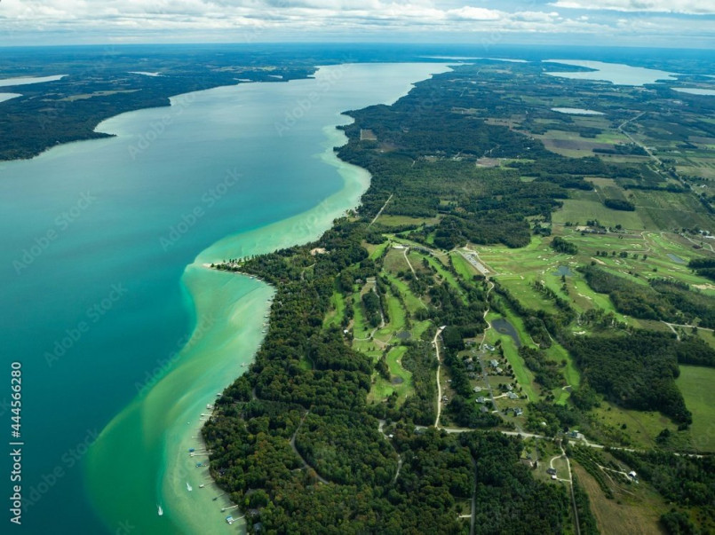 Torch Lake Michigan aerial Aerial view of Torch Lake's turquoise waters in Michigan