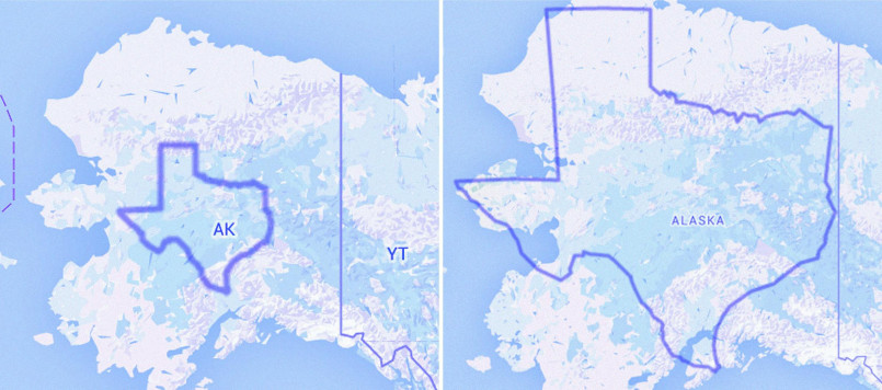 Alaska compared to Texas size overlay Map showing Alaska's outline overlaid on Texas demonstrating Alaska is more than twice the size