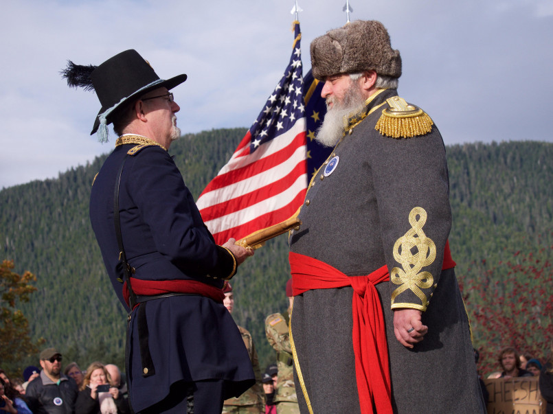 Illustration of the formal transfer ceremony in Sitka where Russian flag was lowered and American flag raised