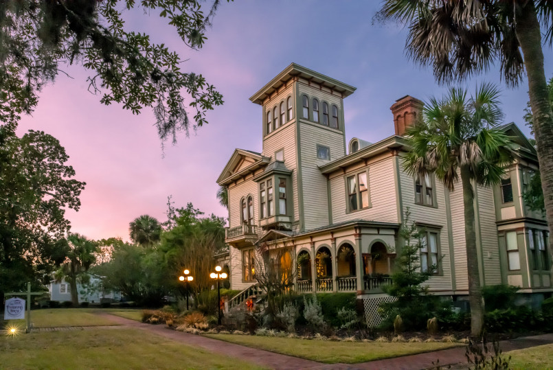 Victorian buildings with colorful facades and ornate details along Centre Street in Fernandina Beach