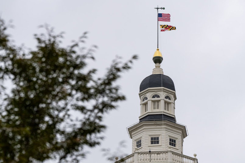 Annapolis Maryland State House dome The distinctive wooden dome of the Maryland State House in Annapolis against a blue sky