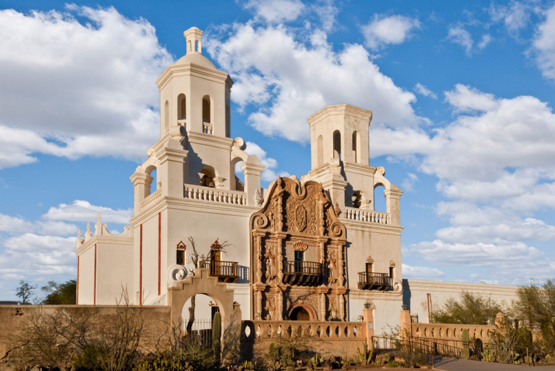 Arizona mission san xavier White Spanish colonial mission church in Arizona desert landscape