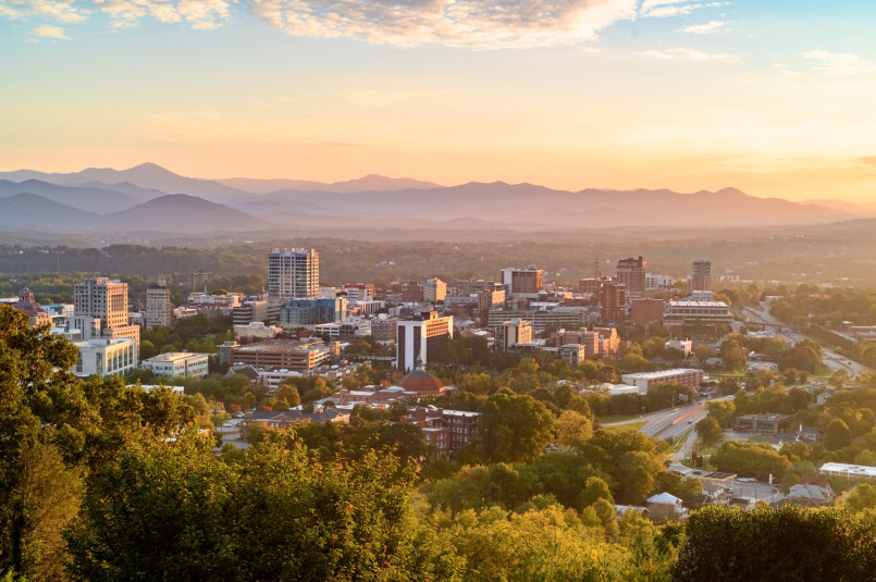 Asheville north carolina mountain view downtown Asheville downtown with mountain backdrop and autumn foliage