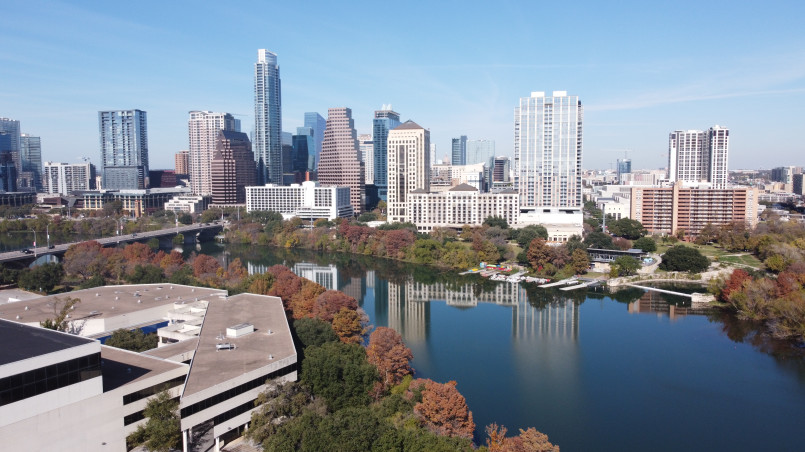 Austin's modern skyline reflected in Lady Bird Lake