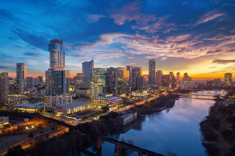 Austin Texas skyline with Colorado River and modern buildings
