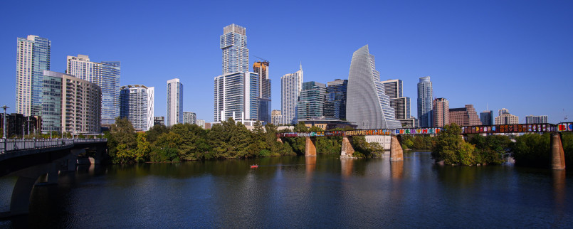 Austin Texas skyline with river Austin skyline with Colorado River and Congress Avenue Bridge