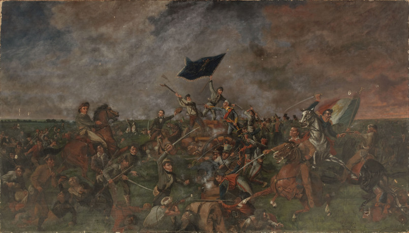 Historical painting depicting the Battle of San Jacinto where Texian forces defeated Santa Anna's army
