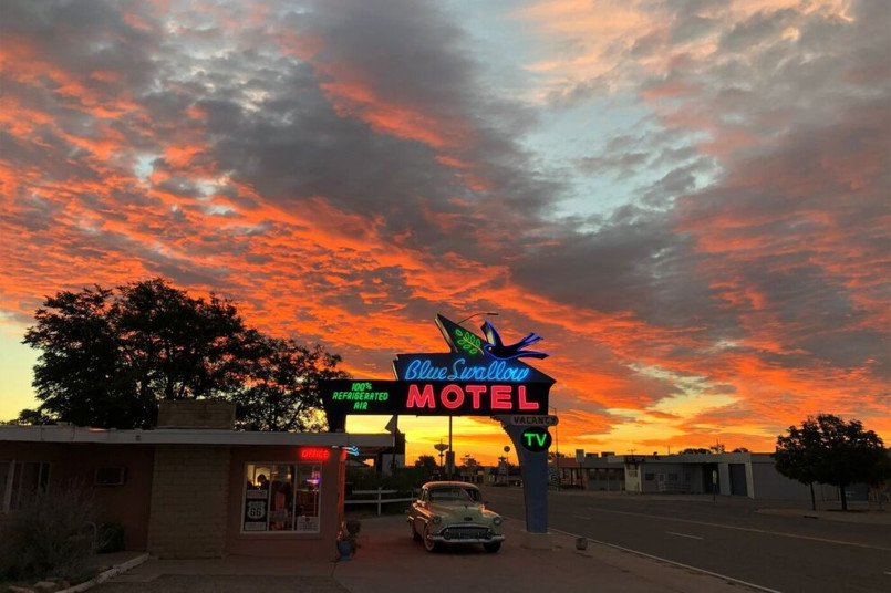 Blue Swallow Motel Tucumcari New Mexico neon sign night The iconic Blue Swallow Motel neon sign lit up at night in Tucumcari, New Mexico