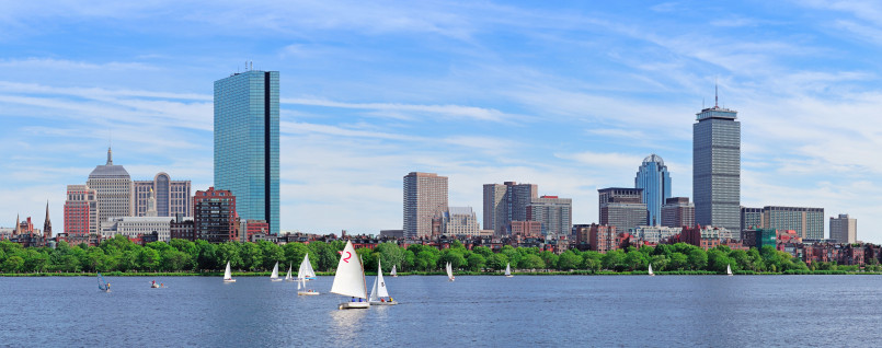 Boston skyline with Charles River Boston skyline with historic buildings, skyscrapers and boats on the Charles River