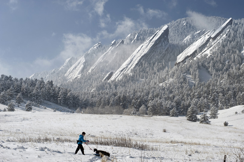 Boulder Colorado Flatirons mountains Boulder Colorado with Flatiron mountains in background and university campus