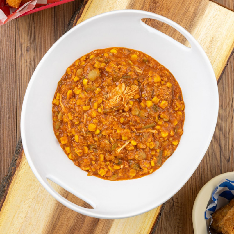Georgia brunswick stew barbecue Bowl of Georgia Brunswick stew with pulled pork and vegetables