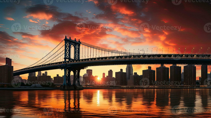 Brooklyn Bridge with Manhattan skyline at sunset