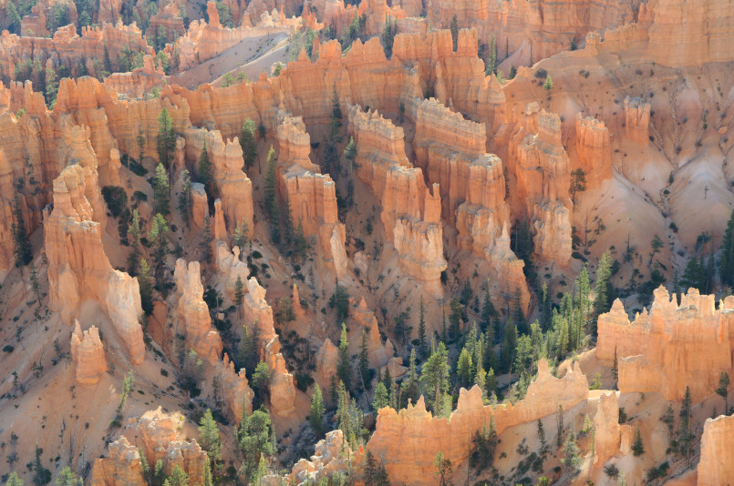 Bryce Canyon National Park hoodoos trail Hikers on trail winding through colorful hoodoo formations in Bryce Canyon