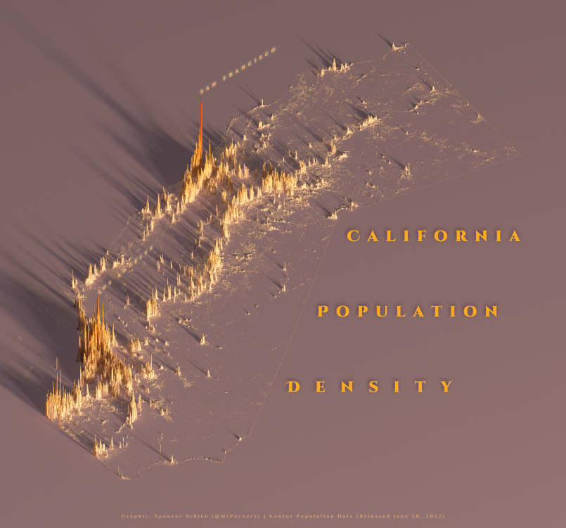 California population density map Density map showing population concentration in California coastal areas