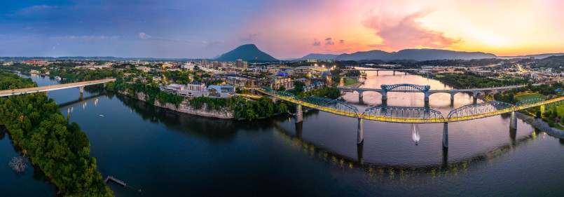Chattanooga's scenic riverfront with pedestrian bridge and downtown area