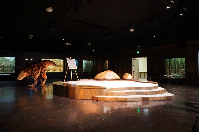 Children examining Augustynolophus educational display at a California science museum