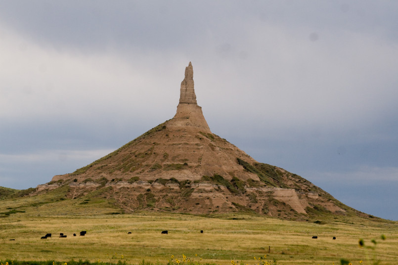 Chimney Rock formation in Nebraska, a key landmark for Oregon Trail pioneers
