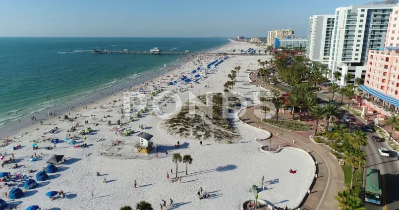 Clearwater Beach Florida aerial view Aerial view of Clearwater Beach showing white sand shoreline and turquoise waters