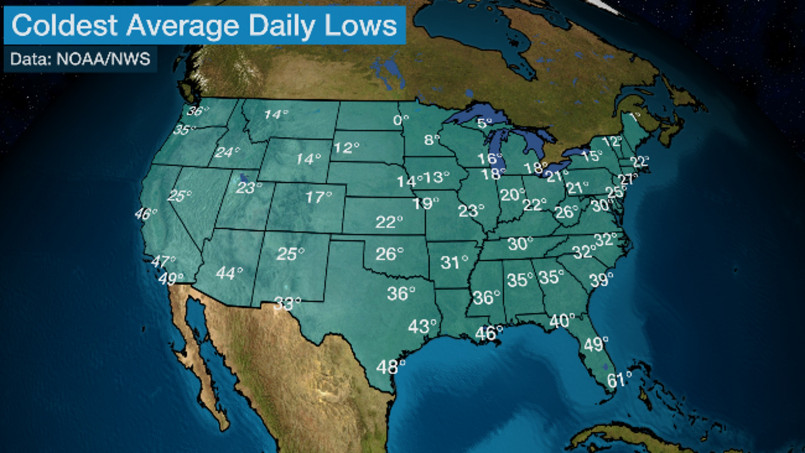 Map showing the coldest states in the USA with temperature ranges