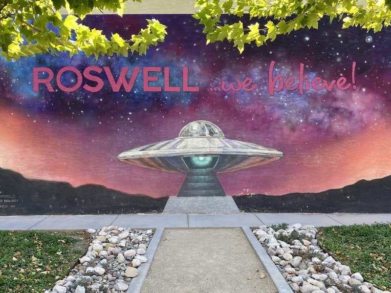 Colorful alien-themed murals and shops along Main Street in downtown Roswell, New Mexico