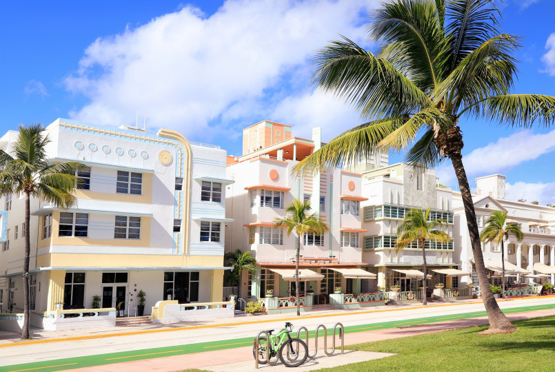 Colorful Art Deco buildings along Ocean Drive in South Beach, Miami