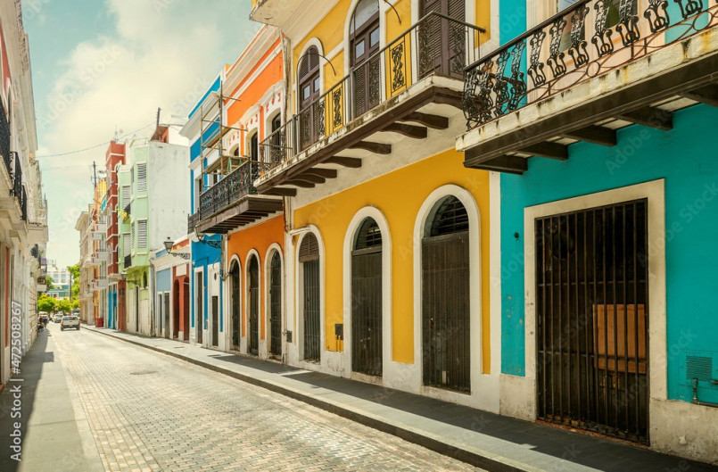 Colorful historic buildings with cobblestone streets in Old San Juan, Puerto Rico