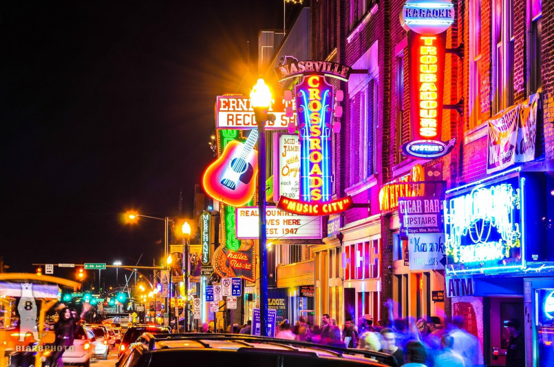 Colorful neon signs on Nashville's Broadway entertainment district at night