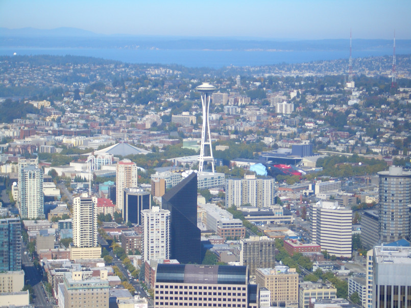 Columbia Center dominating the Seattle skyline with Space Needle in the foreground