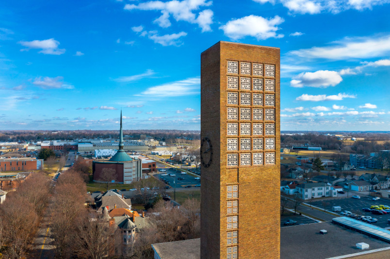 Columbus Indiana First Christian Church Saarinen First Christian Church in Columbus, Indiana with its distinctive rectangular tower designed by Eliel Saarinen