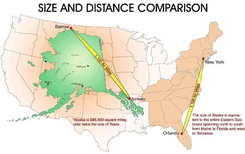 Map showing Alaska's size compared to eastern US, with distance lines from Barrow to Juneau and New York to Orlando