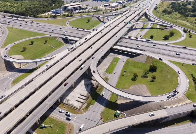 Complex multi-level highway interchange from above