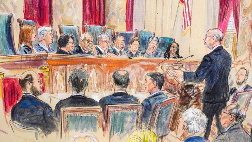Supreme Court oral argument sketch artist drawing Courtroom sketch artist's drawing of Supreme Court justices during an oral argument