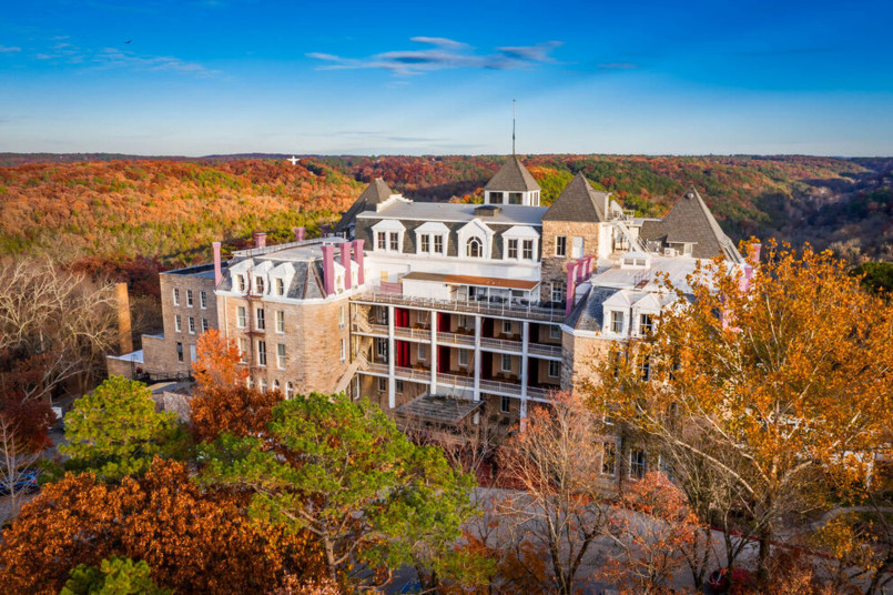 Crescent Hotel Eureka Springs Victorian-era stone hotel with turrets and balconies perched on an Ozark mountainside